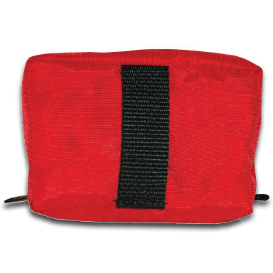 Back of compact red first-aid pouch showing black belt loop