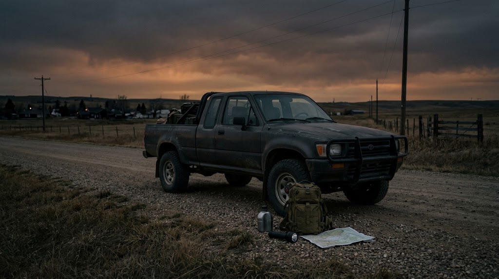 Pickup truck on a rural gravel road at dusk, with a backpack, water container, flashlight, and map in the foreground.