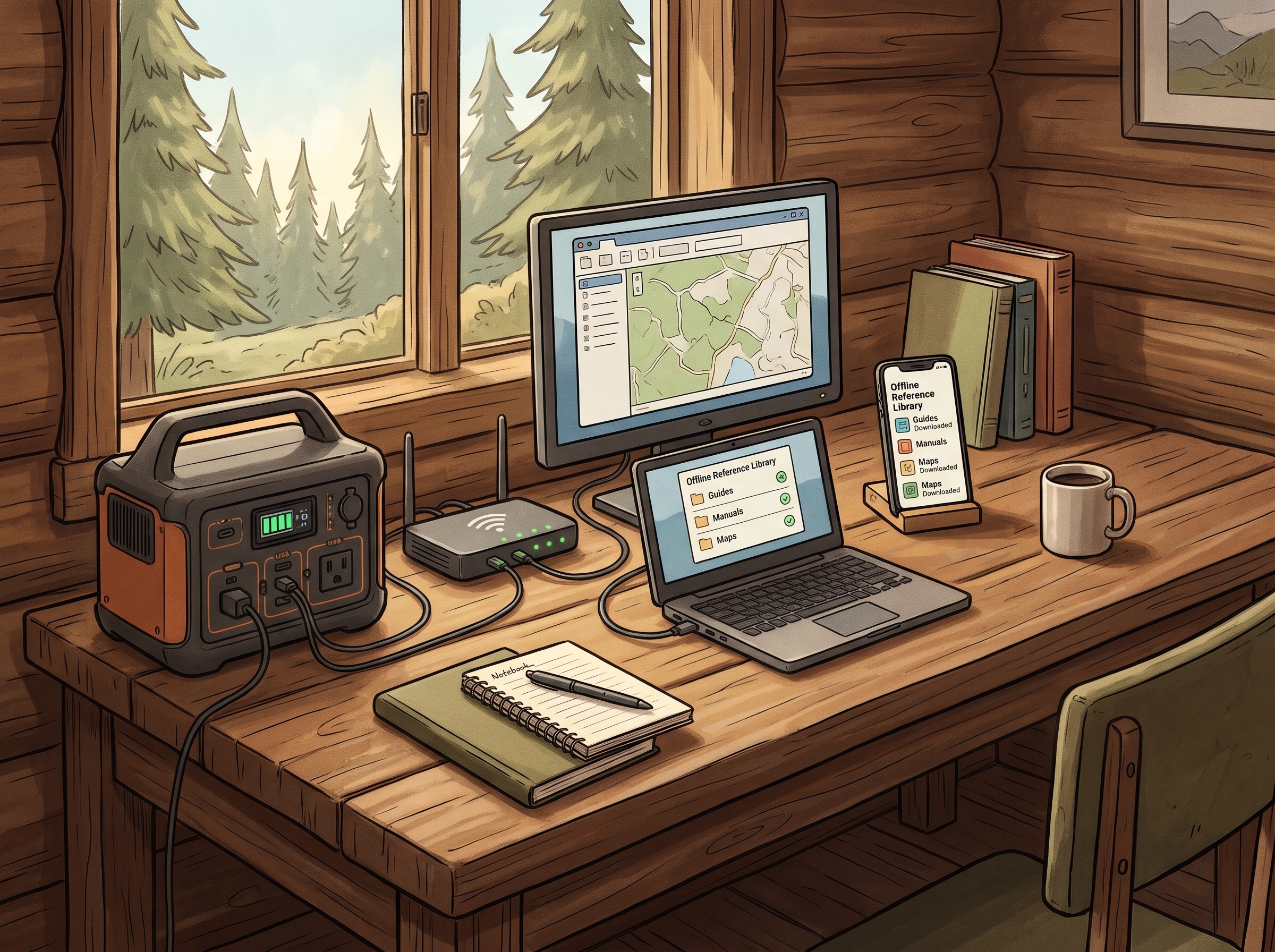Concept illustration of a cabin desk with an offline reference library on a computer and phone, a Wi-Fi router and a portable battery power station.