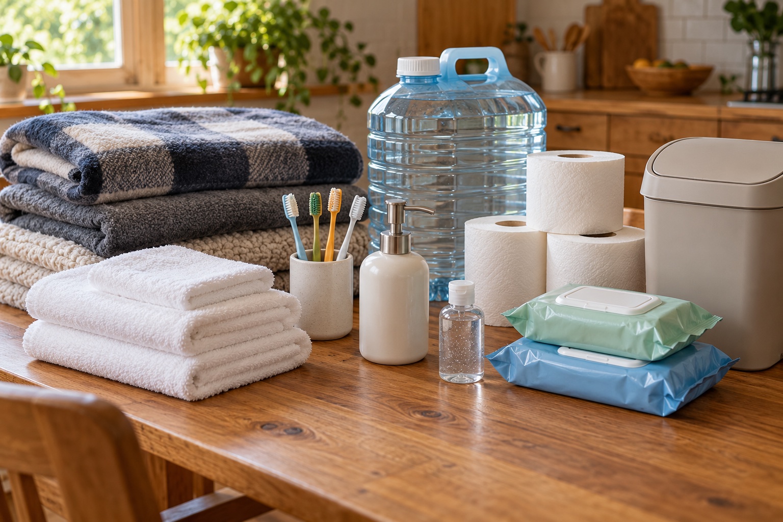 AI-generated illustration of blankets, towels, toothbrushes, soap, toilet paper, wipes, a water container and a lidded bin on a household table.