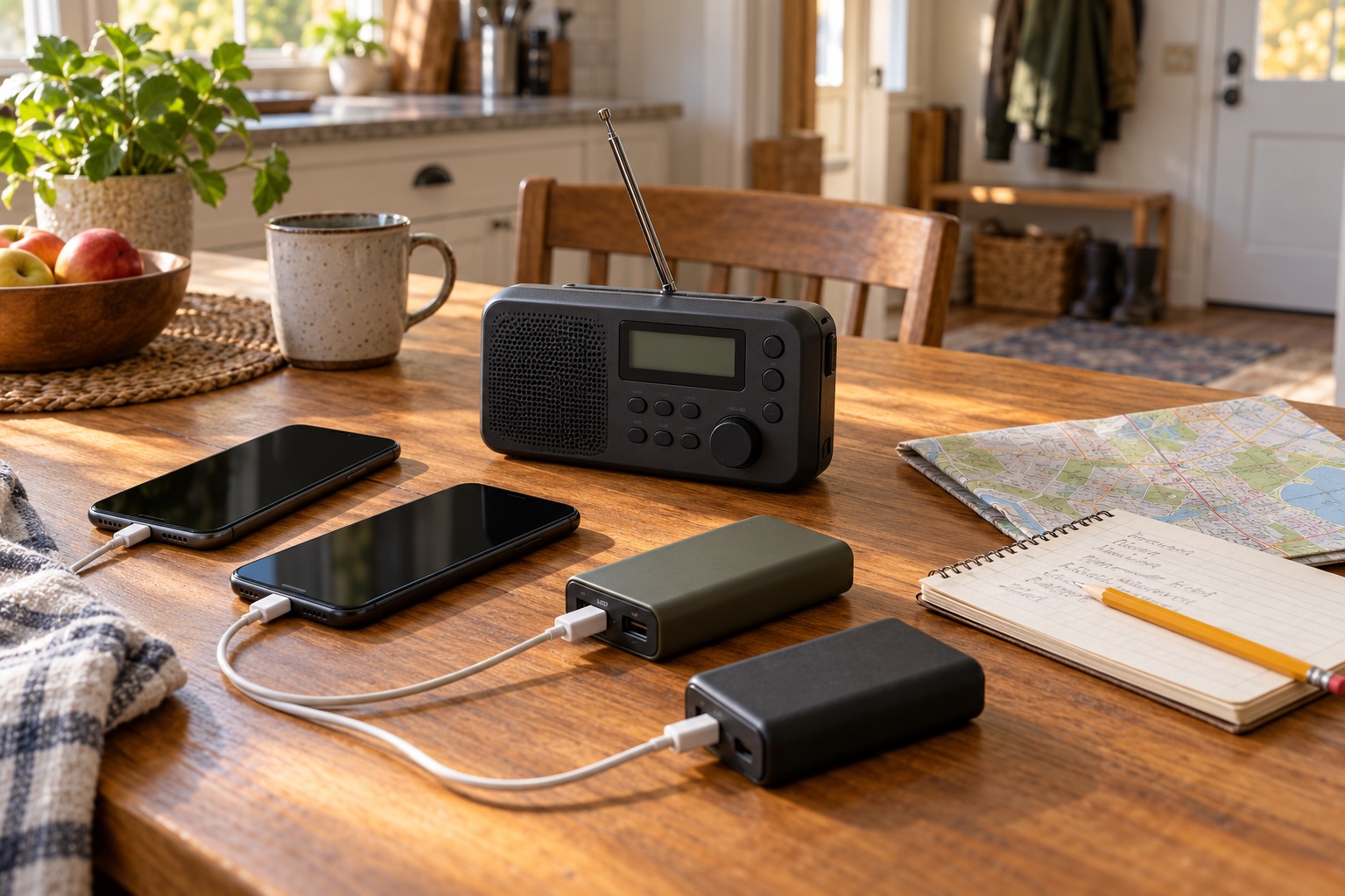 AI-generated illustration of a battery radio, two phones, power banks, charging cables, notebook and map on a household table.