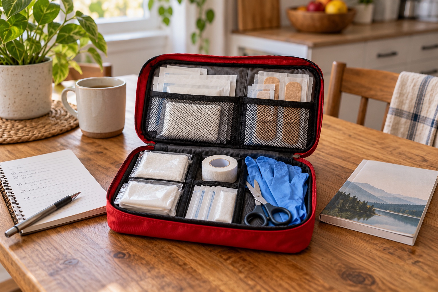 AI-generated illustration of an open red first-aid pouch with dressings, bandages, gloves, tape and scissors on a household table.