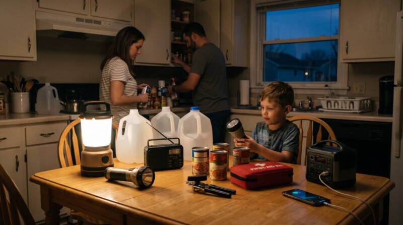 Family organizing water, canned food, lighting, a radio, first-aid supplies and a portable power station for a household power outage.