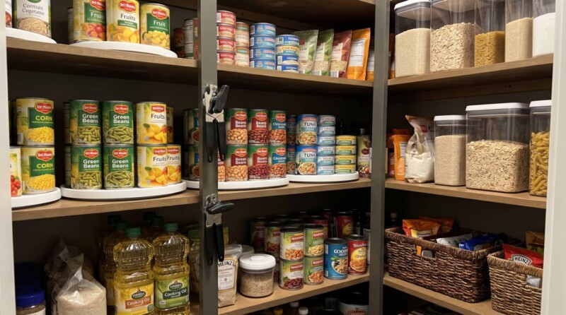 Organized pantry shelves with canned foods, dry grains, cooking oil and a manual can opener.