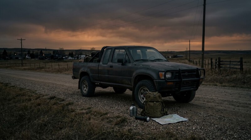 Pickup truck on a rural gravel road at dusk, with a backpack, water container, flashlight, and map in the foreground.