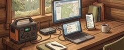 Concept illustration of a cabin desk with an offline reference library on a computer and phone, a Wi-Fi router and a portable battery power station.