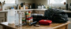 Emergency supplies on a kitchen table: water, canned food, a manual can opener, flashlight, batteries, first-aid kit, folded blanket and backpack.