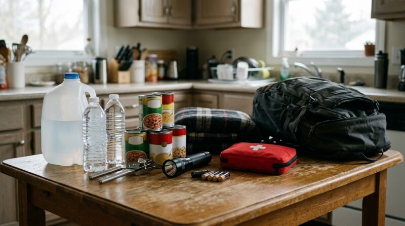 Emergency supplies on a kitchen table: water, canned food, a manual can opener, flashlight, batteries, first-aid kit, folded blanket and backpack.