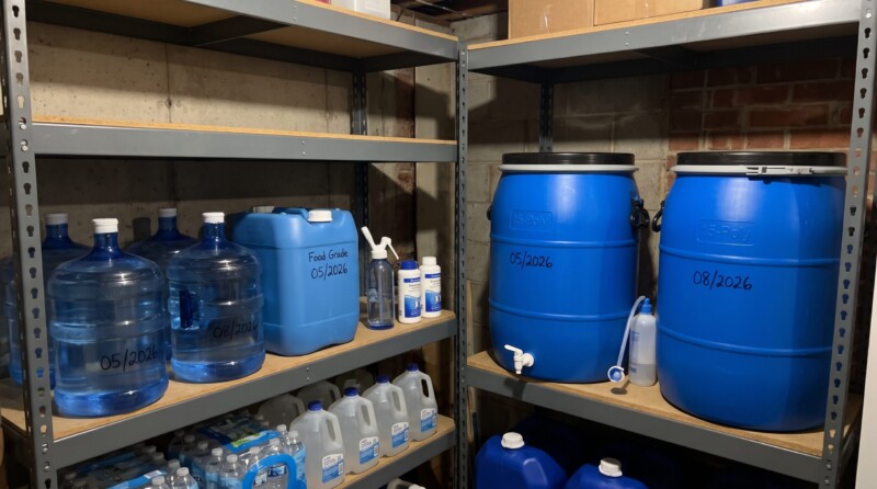 Blue water-storage barrels, dated containers and bottled water arranged on basement shelving.