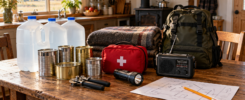 Emergency water, canned food, first-aid supplies, flashlight, radio and backpack organized on a household table.