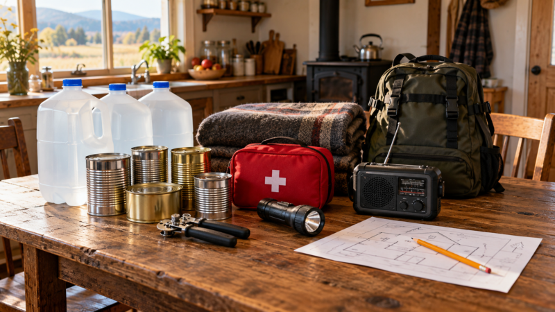 Emergency water, canned food, first-aid supplies, flashlight, radio and backpack organized on a household table.