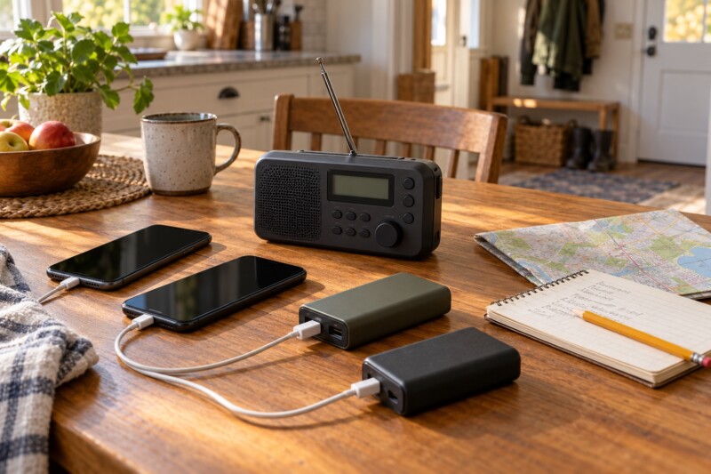 AI-generated illustration of a battery radio, two phones, power banks, charging cables, notebook and map on a household table.