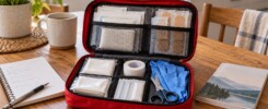 AI-generated illustration of an open red first-aid pouch with dressings, bandages, gloves, tape and scissors on a household table.