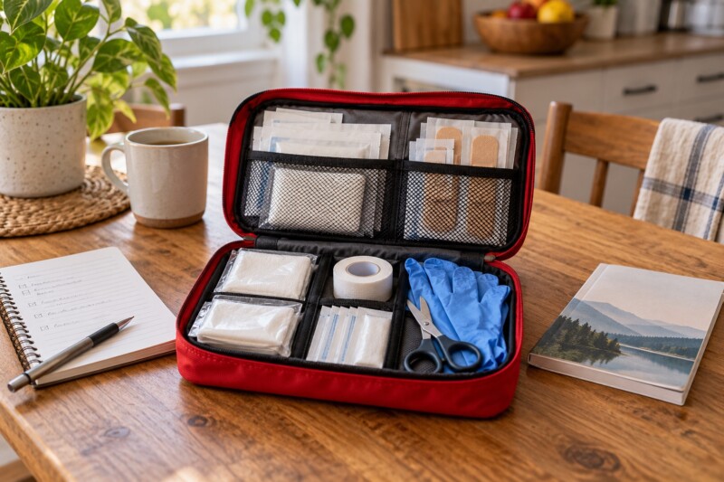 AI-generated illustration of an open red first-aid pouch with dressings, bandages, gloves, tape and scissors on a household table.