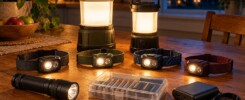 AI-generated illustration of two LED lanterns, four headlamps, a flashlight, battery organizer and power bank on a household table.