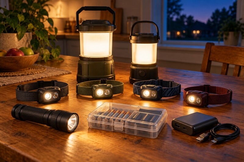 AI-generated illustration of two LED lanterns, four headlamps, a flashlight, battery organizer and power bank on a household table.