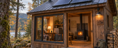 Off-grid woodland cabin with rooftop solar panels, a Jackery power station, and a glowing wood stove