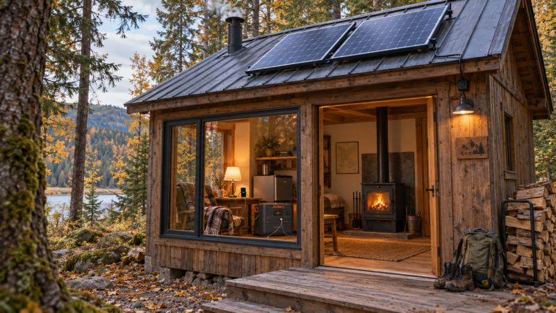 Off-grid woodland cabin with rooftop solar panels, a Jackery power station, and a glowing wood stove