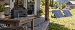 Portable solar power station charging a phone and powering a lamp beside solar panels in a sunny yard