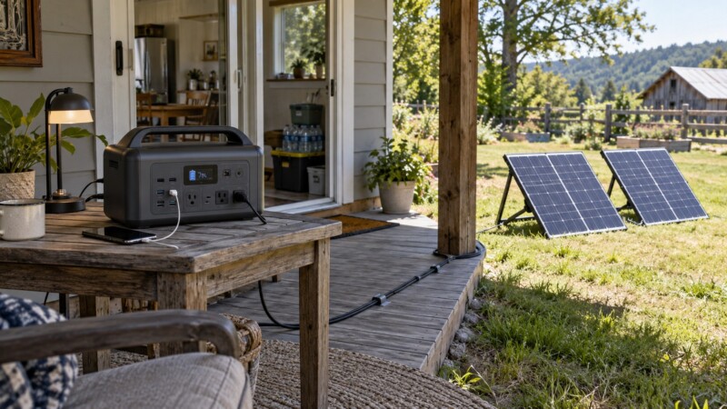 Portable solar power station charging a phone and powering a lamp beside solar panels in a sunny yard